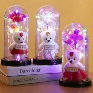 Teddy Bear Galaxy Rose Glass Dome Led Light Stand
